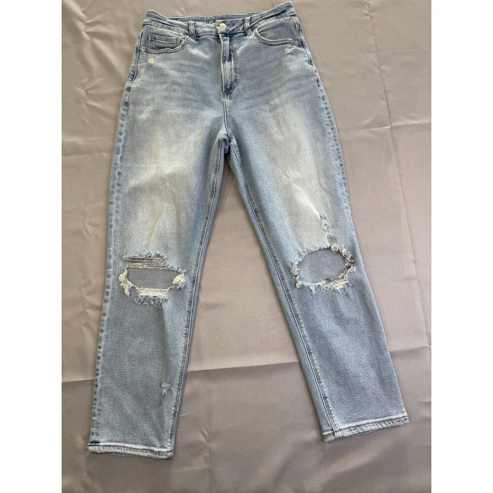 American Eagle Mid Rise Straight Jeans Light Wash Stretch Distressed 8 Regular